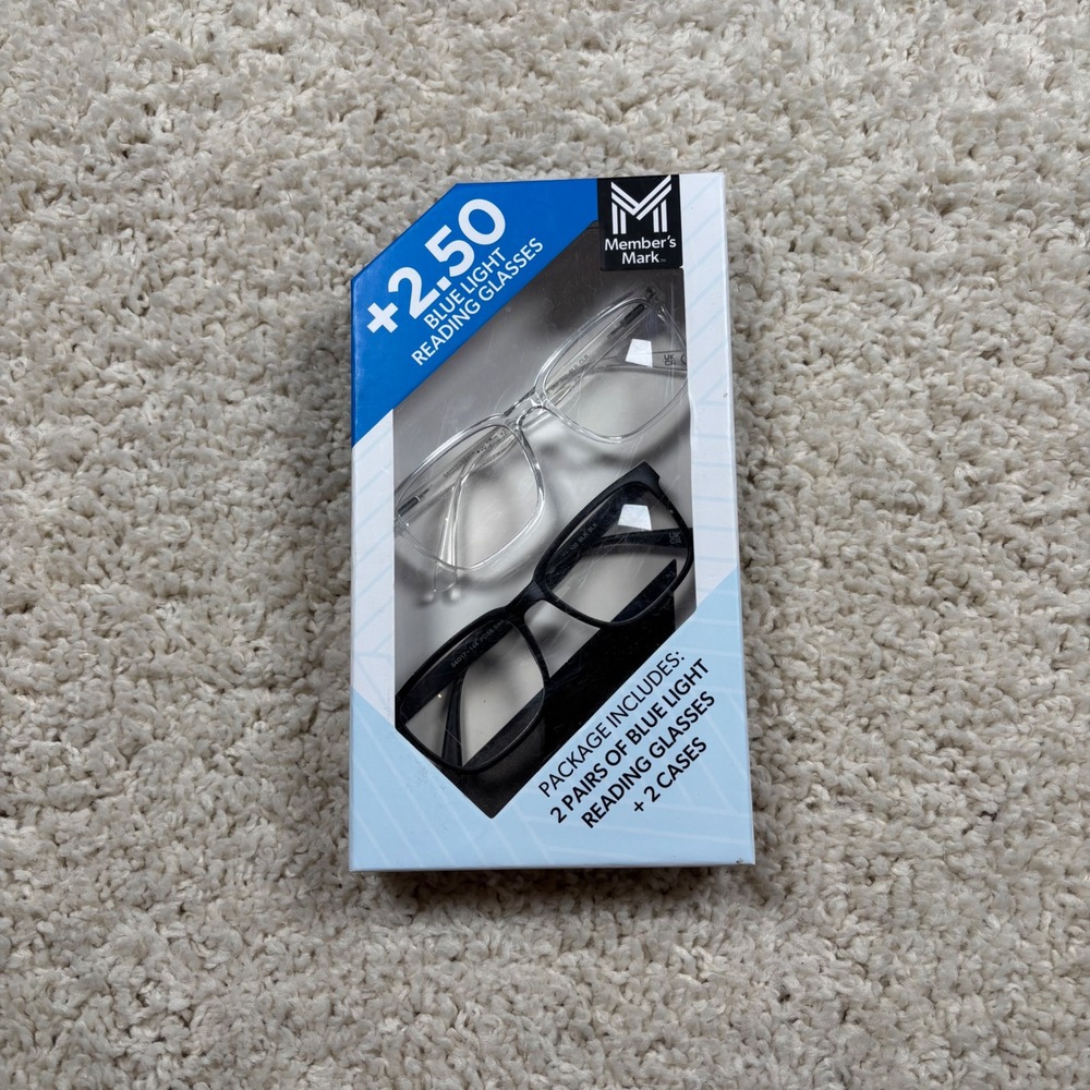 Member's Mark 2‎ Pairs Blue Light Reading Glasses +250 Strength 2 Cases
